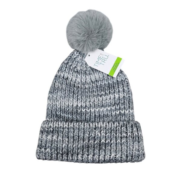 Time and Tru Space Dye New Pom Winter Grey Combo Beanie Hat - Picture 3 of 6
